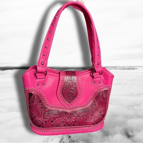 Nwot Montana West Tooled Concealed Handgun Studded Satchel Purse Pink - Picture 9 of 15